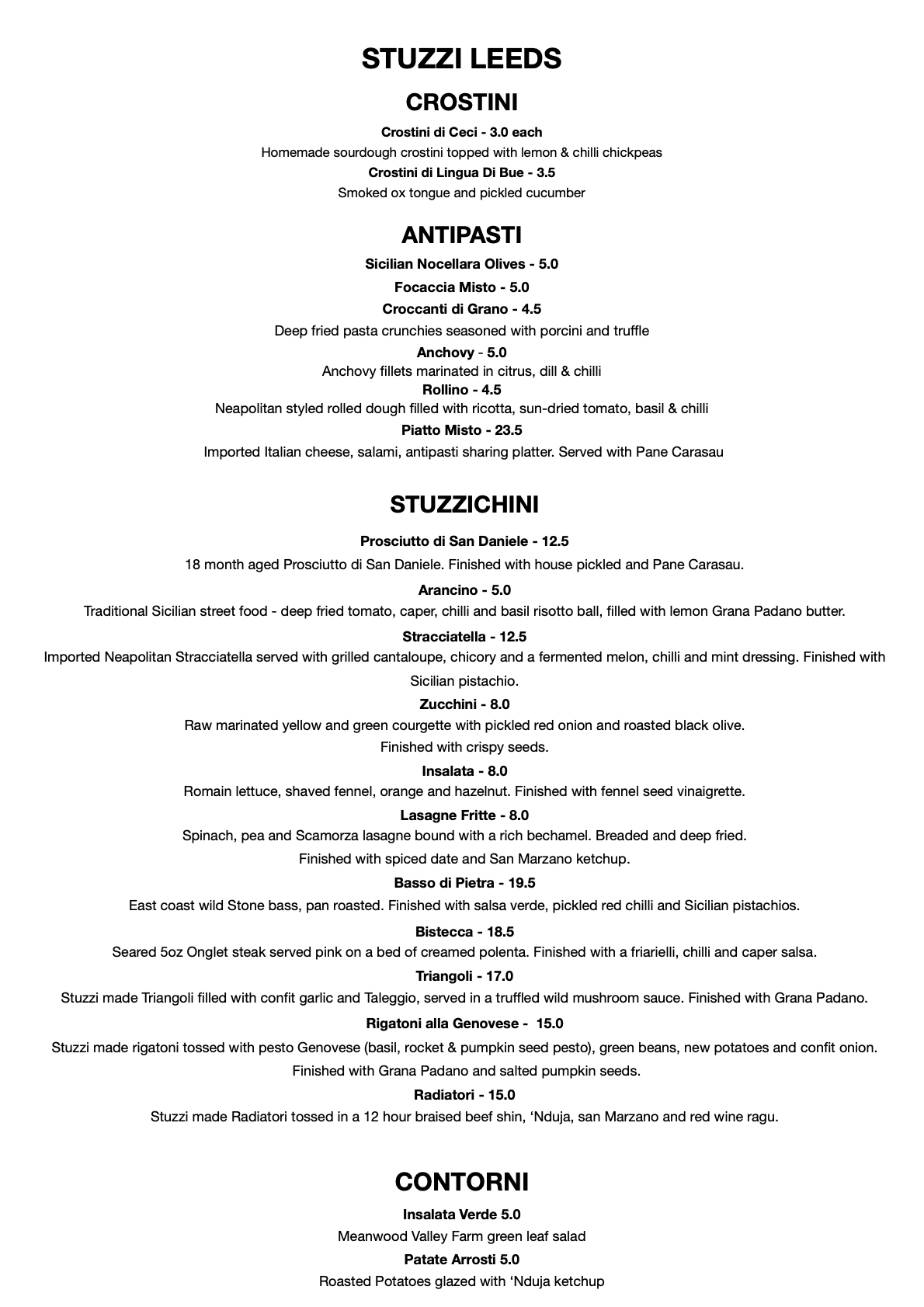 Sample Menu - Stuzzi Leeds