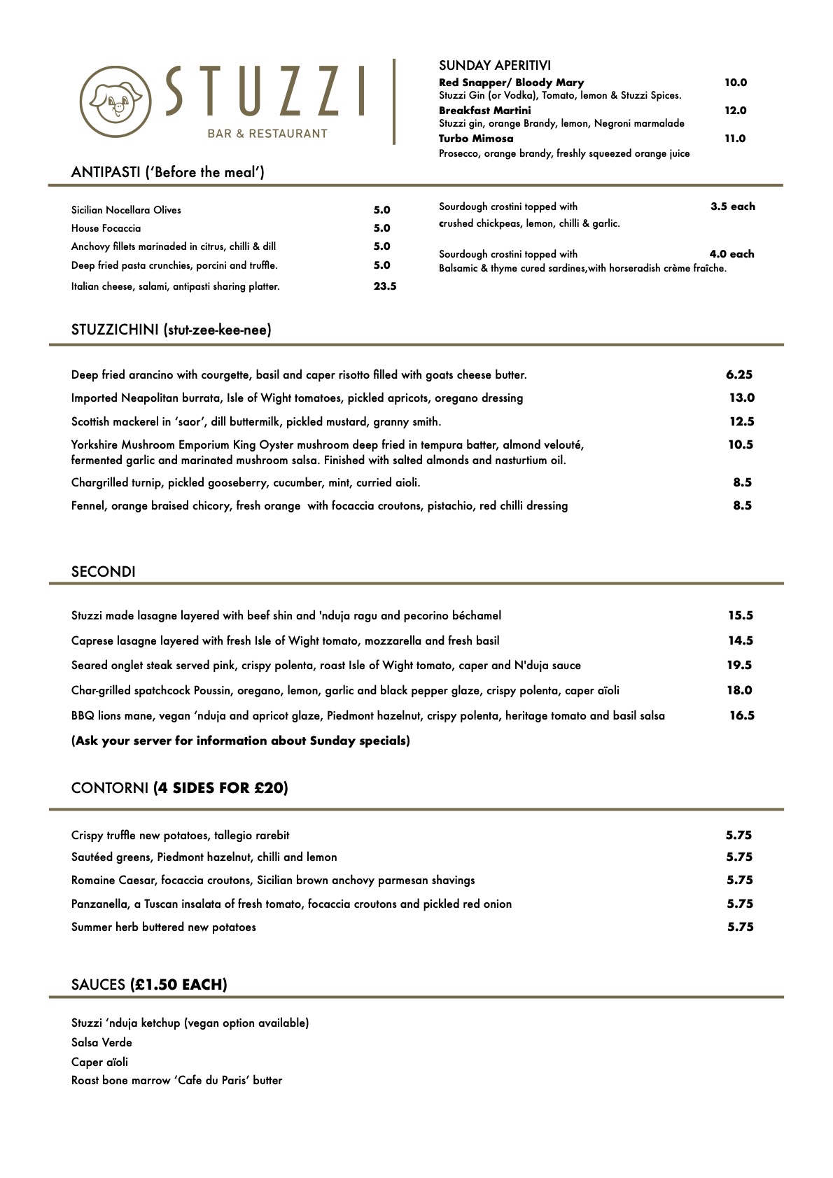Dri Sample Menu Sunday Sample Menu - Stuzzi Leeds